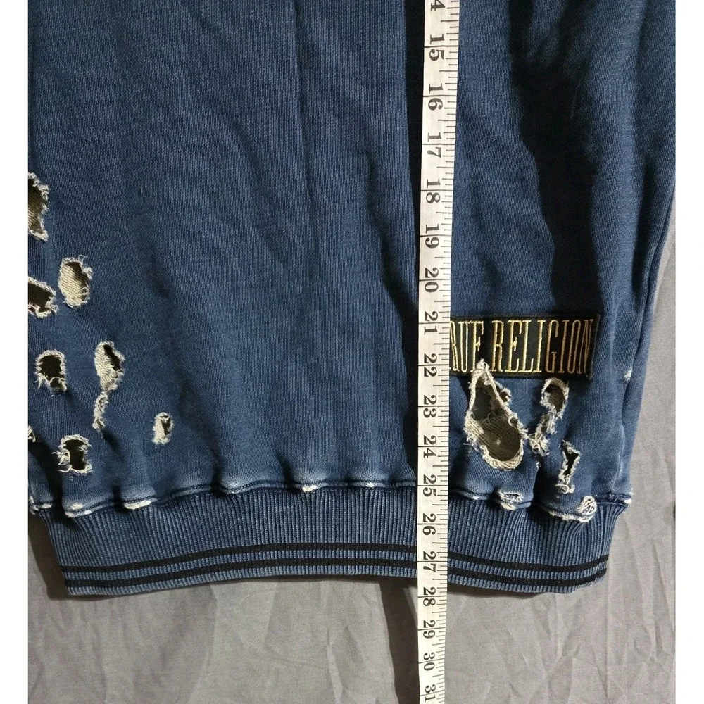 True Religion Men's Distressed Sweatshirt Heavy Destroyed Holes Zip Pocket  M